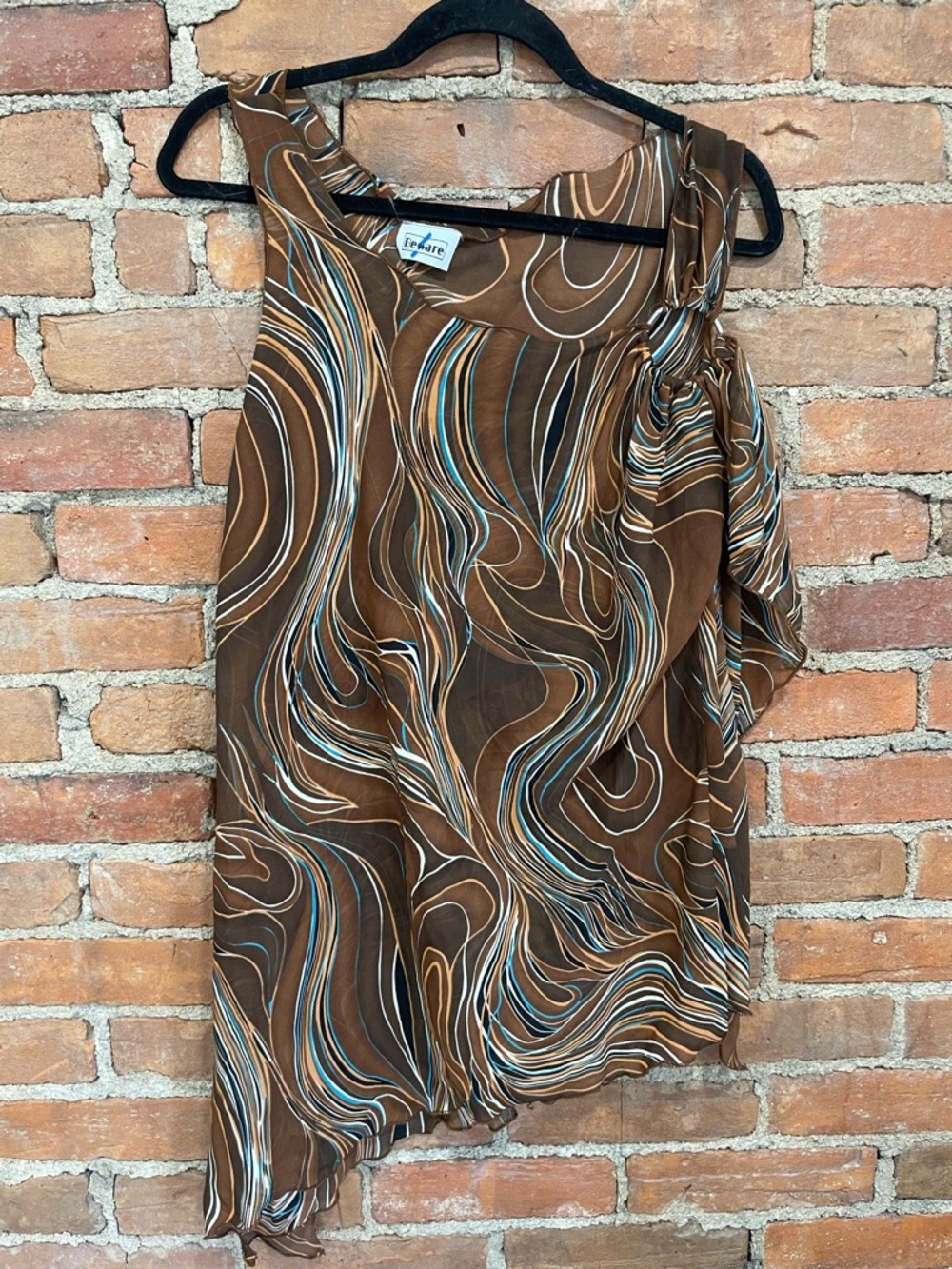 Vintage Y2K Beware Brown Swirl Asymmetrical Sheer Blouse with Ring Loop